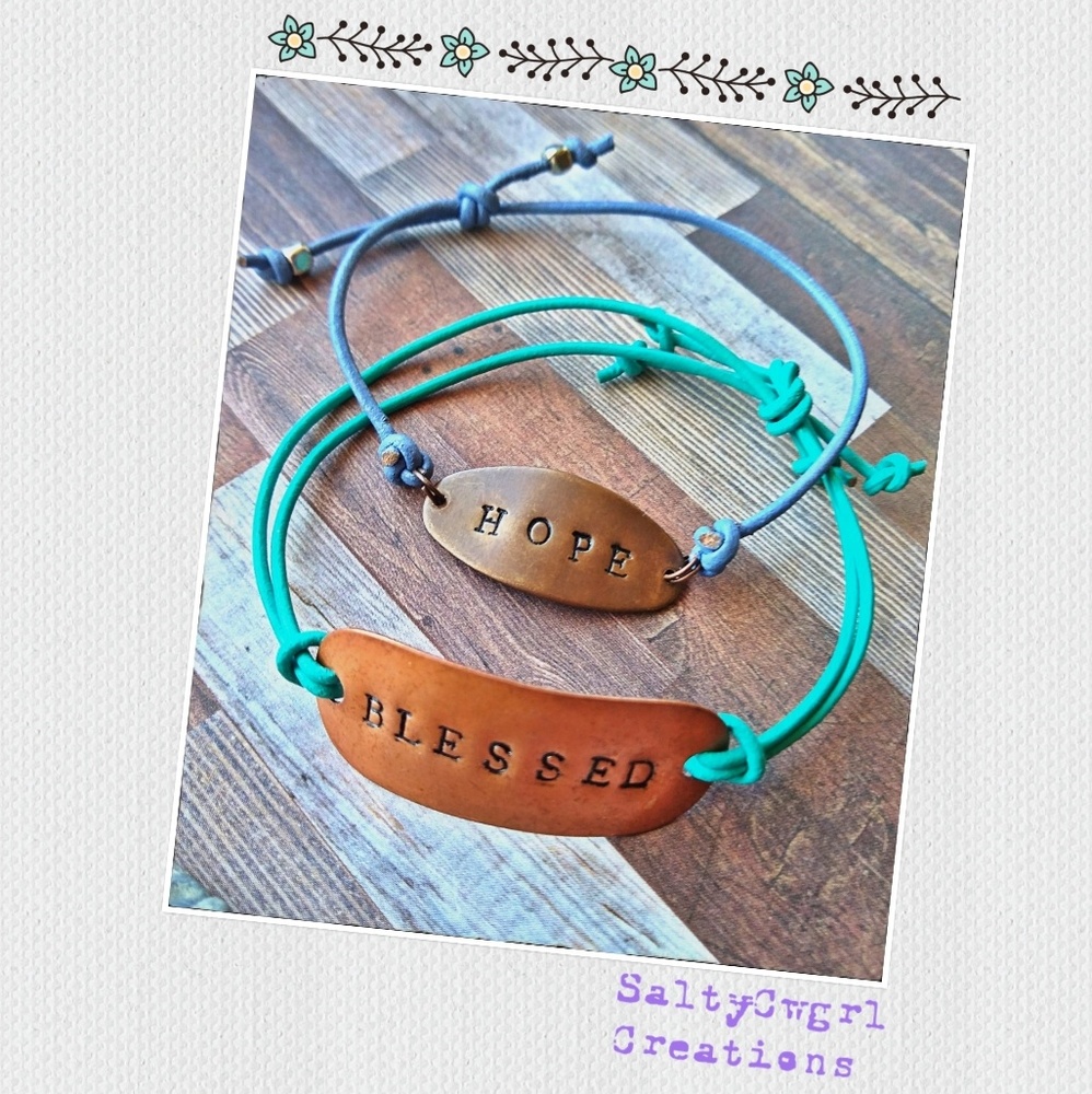 Hand Stamped Copper and Leather Word Bracelets